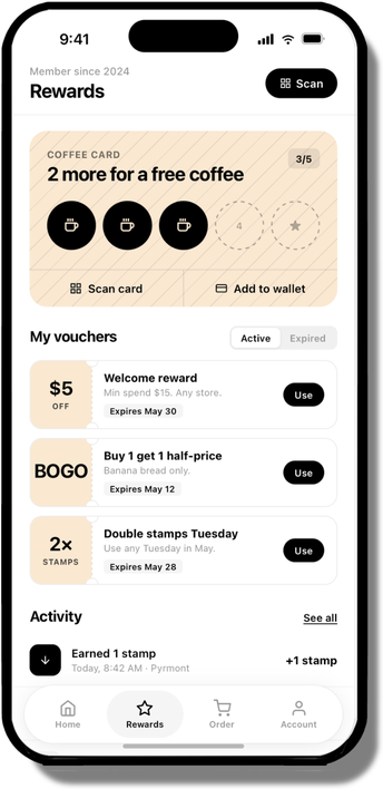 Shift8 loyalty app showing a coffee stamp card and vouchers