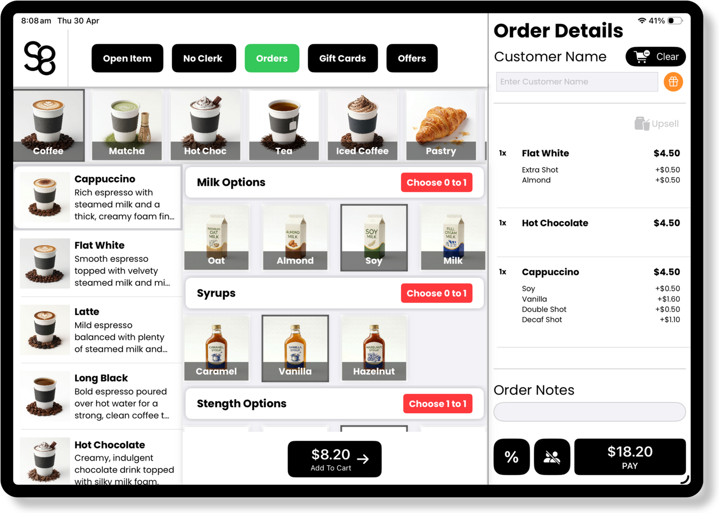 Shift8 point of sale on iPad, taking a coffee order